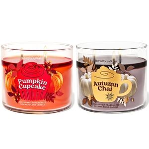 Bath & Body Works Pumpkin Cupcake and Autumn Chai 3-Wick Candle Set NEW Rare